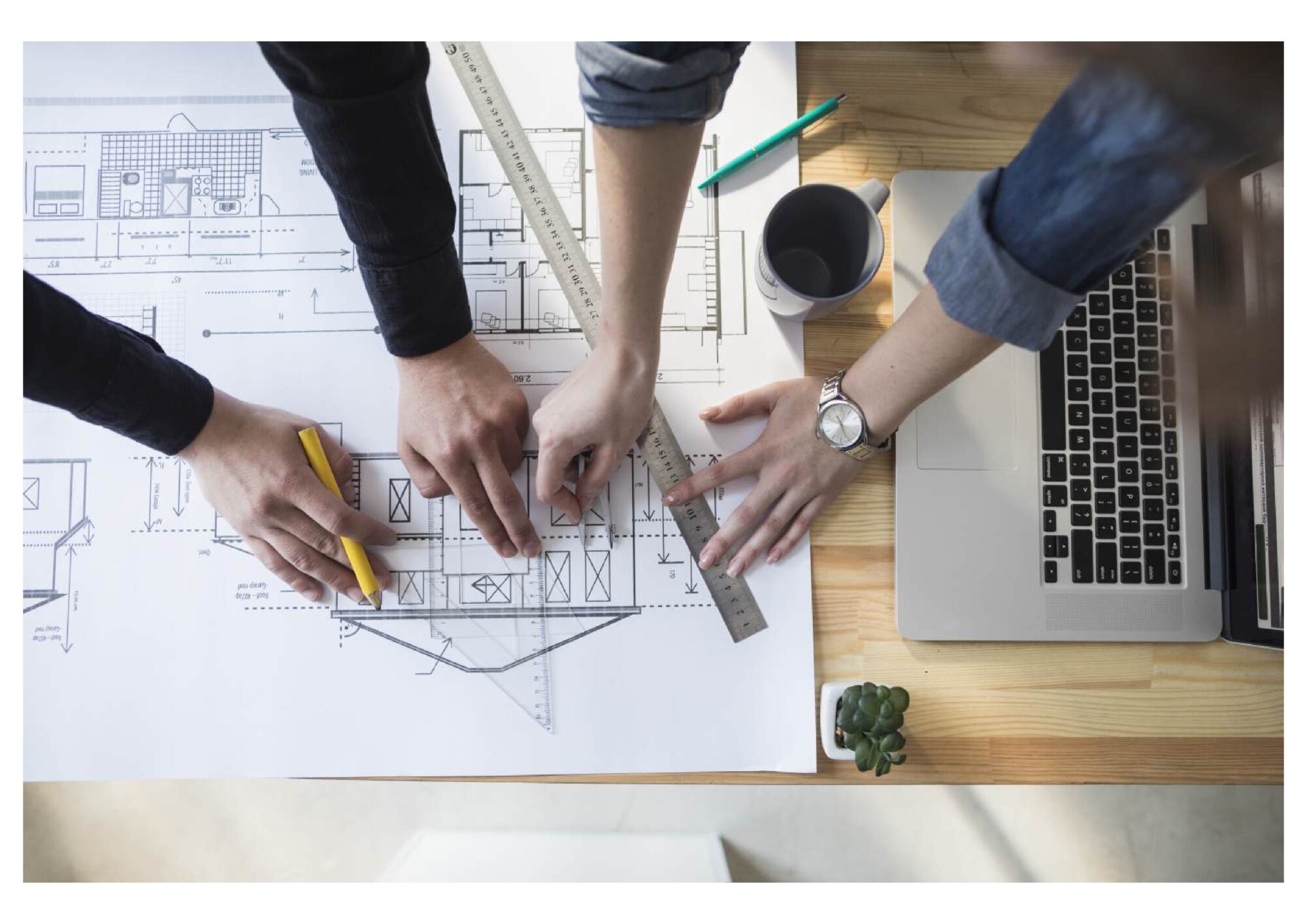 High Angle View Worker S Hand Working Blueprint Wooden Table Workplace Compressed